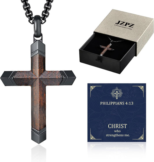 Wooden Cross Necklace for Men : 24'' Strong Chain Wood Christian Crosses Pendant,Silver/Black/Gold Plated Stainless Steel Religious Crucifix,Premium Gift for Him,Son,Husband,Boyfriend,Birthday