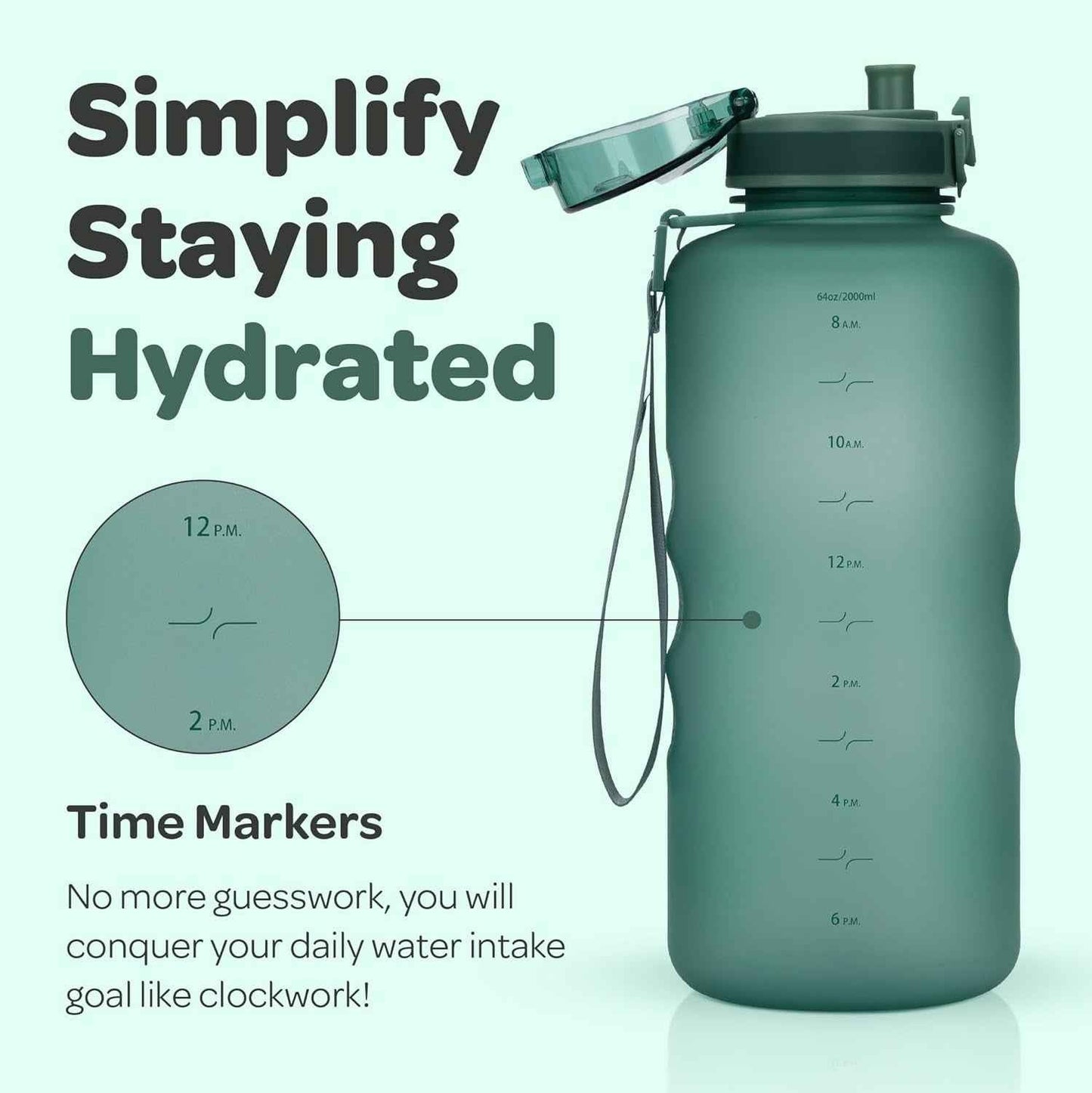 Water Bottle with Time Marker -Large BPA Free Water Bottle & No Sweat Sleeve -Leak Proof Gym Bottle with Fruit Infuser Strainer & Times to Drink -Ideal for Fitness Sports & Outdoors