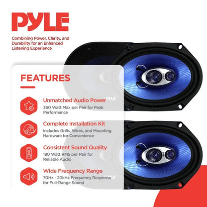 Pyle PL683BL 6X8" 720 Watt 3-Way Car Coaxial Audio Speakers Stereo - Blue