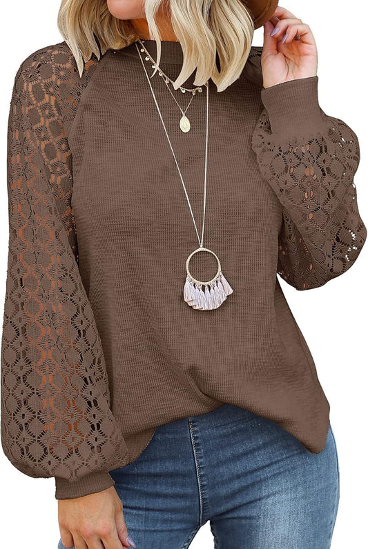 Women’S Long Sleeve Tops Lace Casual Loose Blouses T Shirts