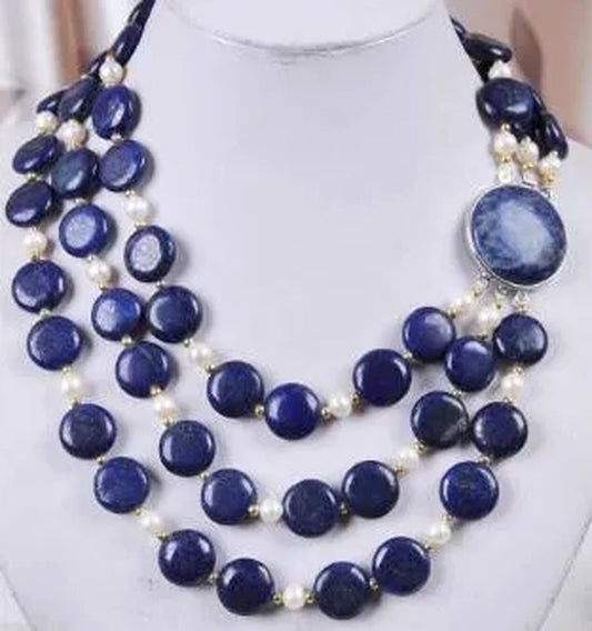 STUNNING 3Rows White 7-8MM Cultured Pearl & Coin Lapis Lazuli Necklace