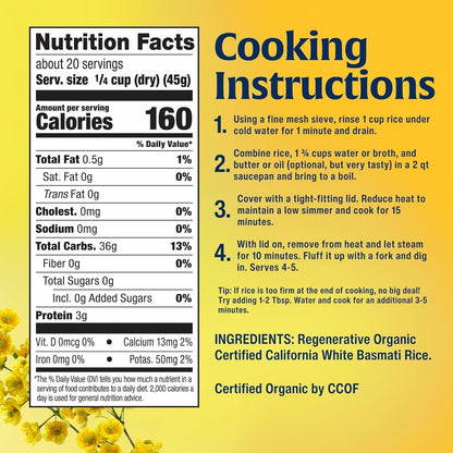 White Basmati Rice, Regenerative Organic Certified – Non-Sticky, Fluffy & Aromatic Long-Grain Rice, Responsibly Grown in California, 32 Oz