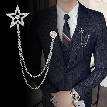 Vintage Star Long Chain Lapel Brooch Pin with Hanging Tassel Rhinestone CZ Button Pins for Women Men Suit Dress Tuxedo Tie Shirt Jacket Backpack Jewelry Gifts for Bridegroom