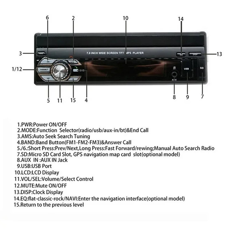 1DIN 7" HD Retractable Touch Screen Car Stereo Audio Bluetooth Car Radio Support Bluetooth/Usb/Aux/Fm/Am Mirrorlink+ SWC+ Rearview Camera (Optional)