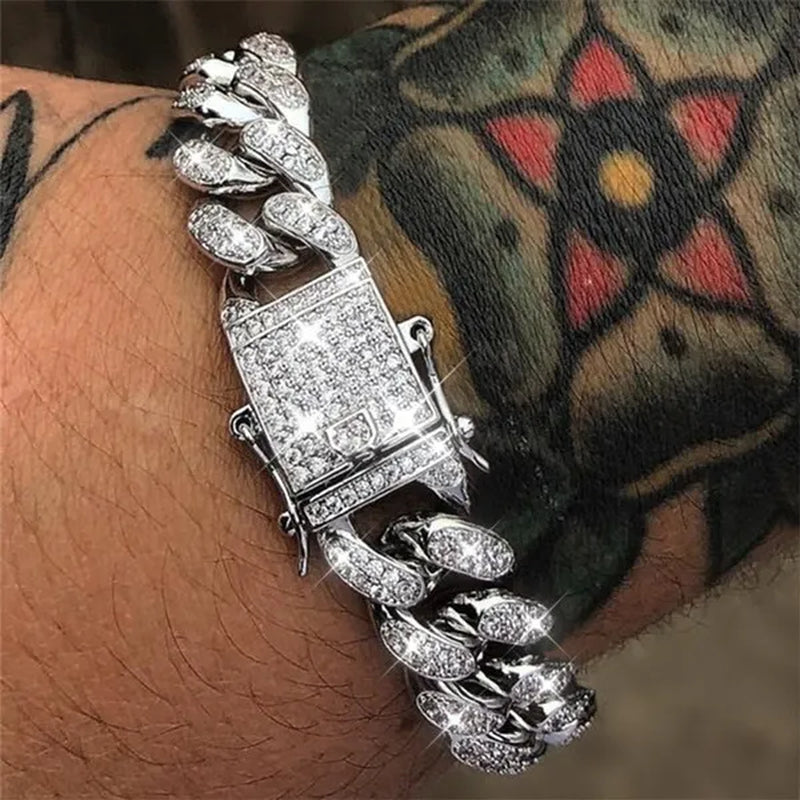 Hip Hop Iced Out Paved Rhinestones 13MM Full Miami Curb Cuban Chain CZ Bling Rapper Necklaces Bracelet Watch for Men Jewelry Set
