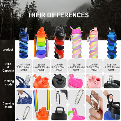 2Pack Silicone Collapsible Water Bottles, Leakproof 16Oz Portable Foldable Expandable Water Bottle Sports Cups with Straw,Bpa Free, for Outdoor Gym Travel(Blue+Rose Red)