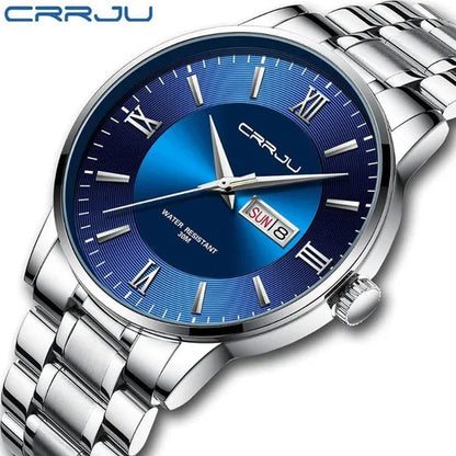 CRRJU Men's Minimalist Leisure Luxury Automatic Dating Watch Fashion Business Japanese Movement Quartz Waterproof Watch Men's Silver Stainless Steel Watch Band