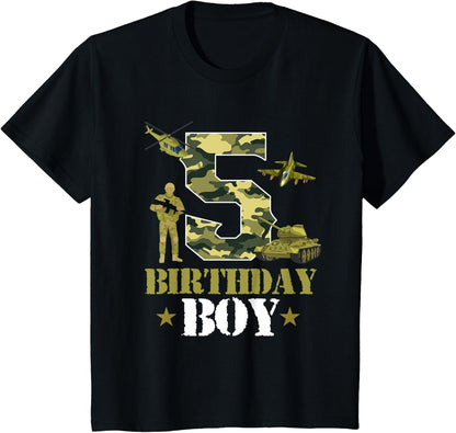 Kids 5Th Birthday Military Themed Camo Boys 5 Yrs Old Soldier T-Shirt