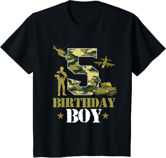 Kids 5Th Birthday Military Themed Camo Boys 5 Yrs Old Soldier T-Shirt