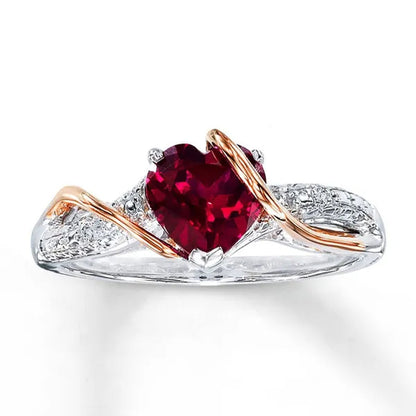 Trendy Gold Silver Two Tone Silver Plated Heart Ruby Micro Pave Lab Diamond Rings for Women Romantic Wedding Fine Jewelry