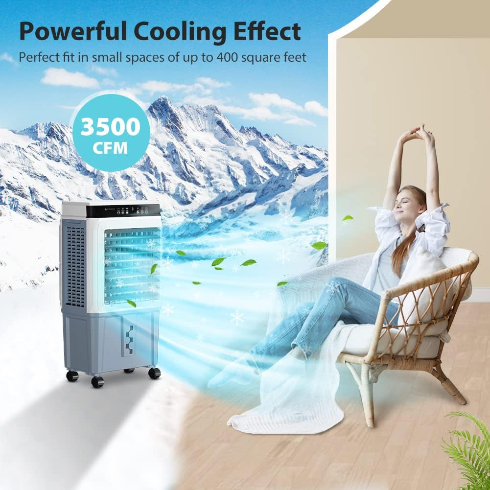 Evaporative Air Cooler, 3500 CFM Swamp Cooler with 11 Gallon Remote, Portable Water Cooling Fan with Scroll Casters, 3 Speed Cooling Fan, 4 Ice Packs for Office Garage Outdoor Commercial