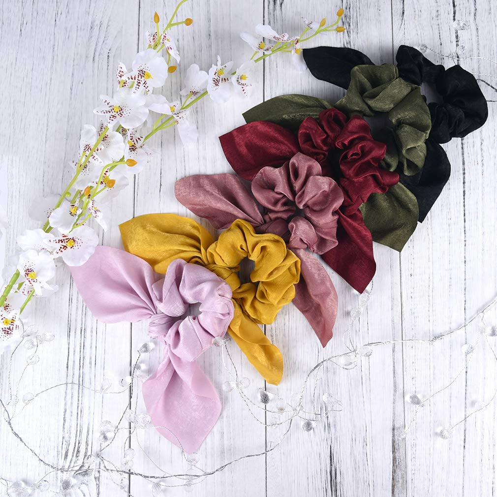 6PCS Hair Scrunchies Satin Silkrabbit Bunny Ear Bow Bowknot Scrunchie Bobbles Elastic Hair Ties Bands Ponytail Holder for Women Accessories 01 Classic Color