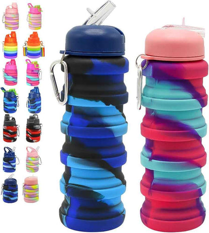 2Pack Silicone Collapsible Water Bottles, Leakproof 16Oz Portable Foldable Expandable Water Bottle Sports Cups with Straw,Bpa Free, for Outdoor Gym Travel(Blue+Rose Red)