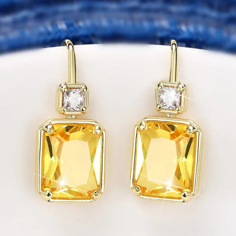 Trendy Square Cut Citrine Earrings for Women Yellow Gold Plated Gemstone Hook Drop Earrings Jewelry Gift