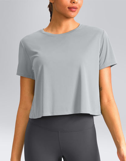 Workout Tops for Women Crop Short Sleeve Shirts Loose Fit Athletic Gym Top T-Shirts with Slit Back