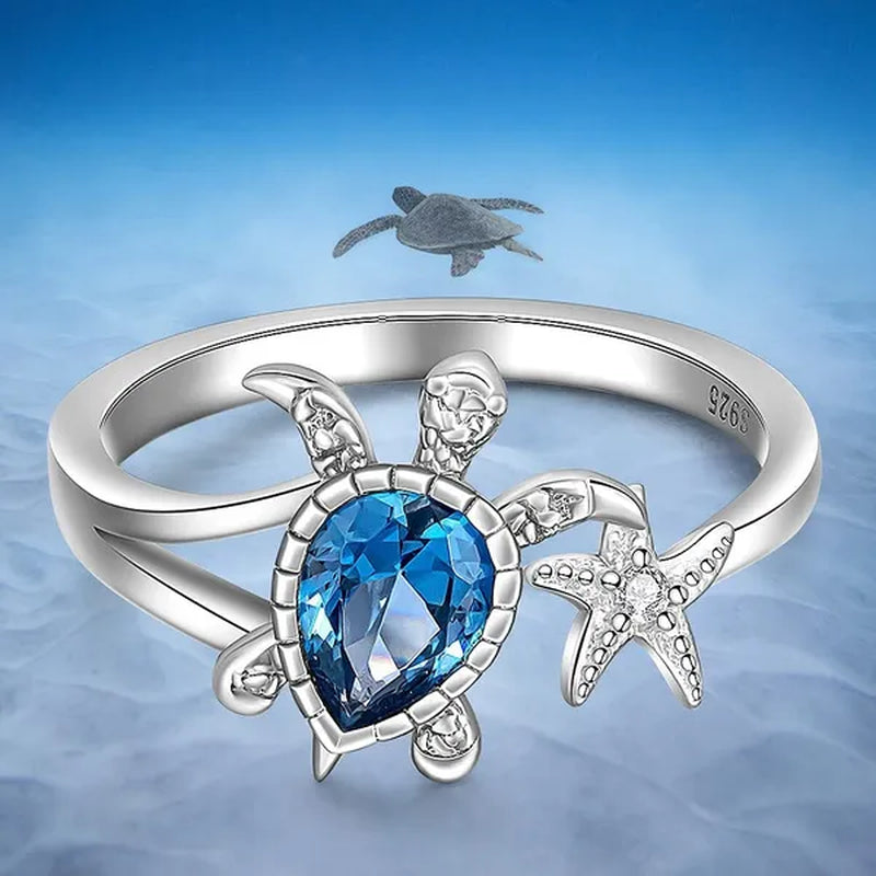 Unique Fashion Turtle Ring Sea Turtle Starfish Rings for Women Blue Stone Cute Ocean Gifts Animal Zircon Ring Girl Birthday Party Wedding Jewelry