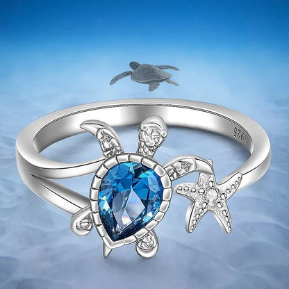 Unique Fashion Turtle Ring Sea Turtle Starfish Rings for Women Blue Stone Cute Ocean Gifts Animal Zircon Ring Girl Birthday Party Wedding Jewelry