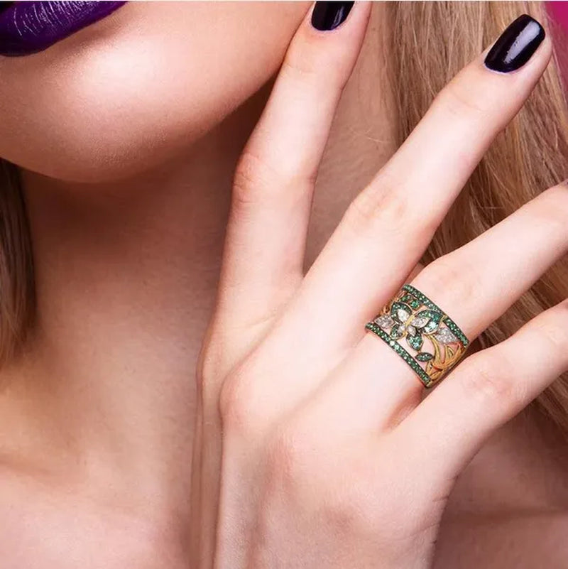 Luxury Exquisite Women's Fashion Gold Plated Cubic Zircon Handmade Green Butterfly Ring Anniversary Gift Engagement Bridal Wedding Jewelry Rings Size 5-10