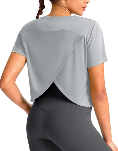 Workout Tops for Women Crop Short Sleeve Shirts Loose Fit Athletic Gym Top T-Shirts with Slit Back