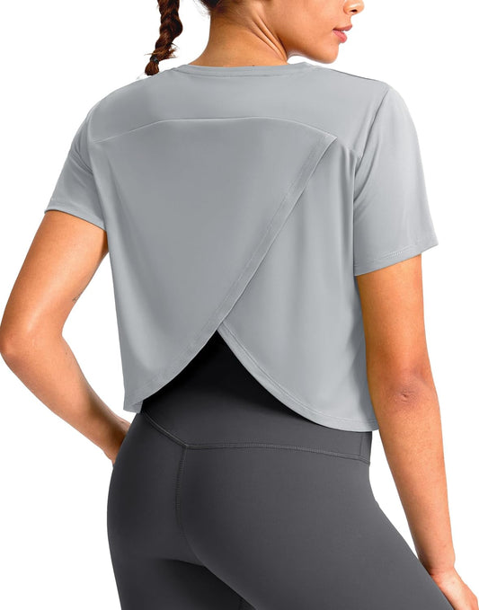 Workout Tops for Women Crop Short Sleeve Shirts Loose Fit Athletic Gym Top T-Shirts with Slit Back
