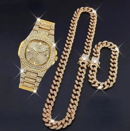 Men's Hip Hop Fashion Luxury 18K Gold and 925 Silver Ice-wound Hip Hop Diamond Watch Miami Cuban Bracelet and Ladies Watch Silver Diamond Bracelet Men and Women Hip Hop Party Jewelry