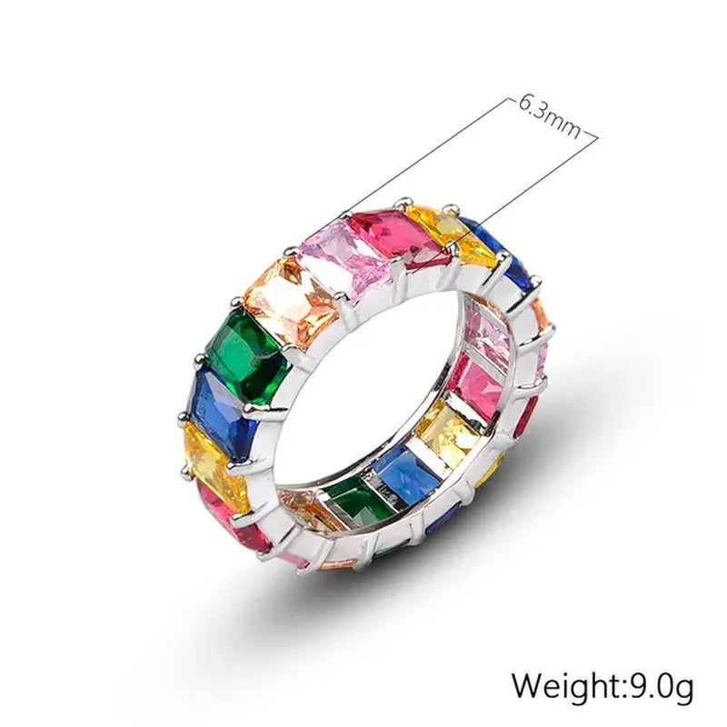 Silver Ring Colored Square Rainbow Ring Statement Crown Ring Natural Gemstones Ring Wedding Bride Engagement Band Charm Party Ring Jewelry