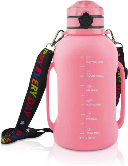 68 Oz Collapsible Silicone Water Bottles with Straw for Traveling/Running, Half Gallon Motivational Water Bottle Jug with Time Marker (Flamingo Pink)