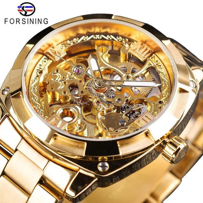 FORSINING New Top Quality Men Luxury Skeleton Automatic Winding Mechanical Watches Gold Stainless Steel Waterproof Wristwatch with Gift Box