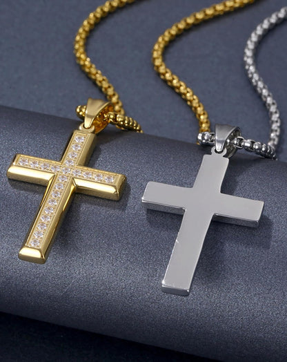 Cross Necklace for Men Stainless Steel Crucifix Pendant Silver White Gold Yellow Black Jesus Christ Plain Simple Women Fine Jewelry Gifts, 24 Inches Rolo Chain, Zirconia, Polished, Rope
