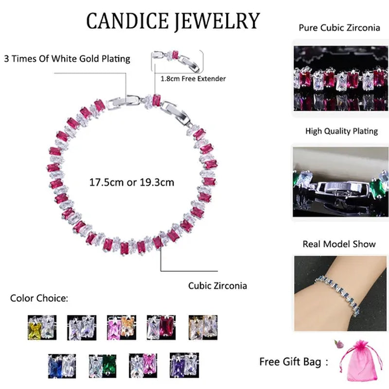 CANDICE High Quality Silver Plating Clear Rectangle CZ Setting Exquisite Women Dinner Party Green Tennis Bracelet Jewelry with Extended Clasp