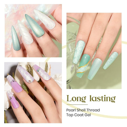 Pearl Top Coat Gel Nail Polish, Mermaid Glitter Nail Gel Polish 2-IN-1 Shiny Shell Thread Drawing Soak off UV LED Nail Gel for Nail Salon Home DIY Manicure 1PC 10Ml