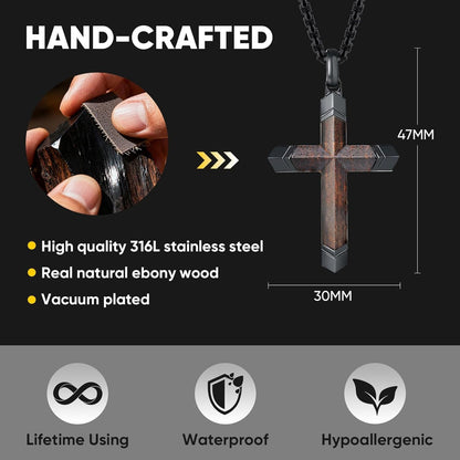 Wooden Cross Necklace for Men : 24'' Strong Chain Wood Christian Crosses Pendant,Silver/Black/Gold Plated Stainless Steel Religious Crucifix,Premium Gift for Him,Son,Husband,Boyfriend,Birthday