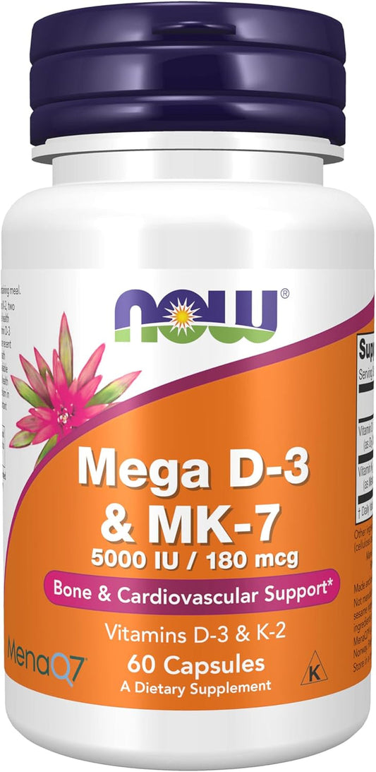Supplements, Mega D-3 & MK-7 with Vitamins D-3 & K-2, 5,000 IU/180 Mcg, Bone & Cardiovascular Support*, 60 Veg Capsules