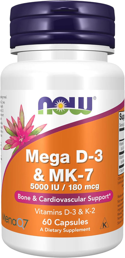 Supplements, Mega D-3 & MK-7 with Vitamins D-3 & K-2, 5,000 IU/180 Mcg, Bone & Cardiovascular Support*, 60 Veg Capsules