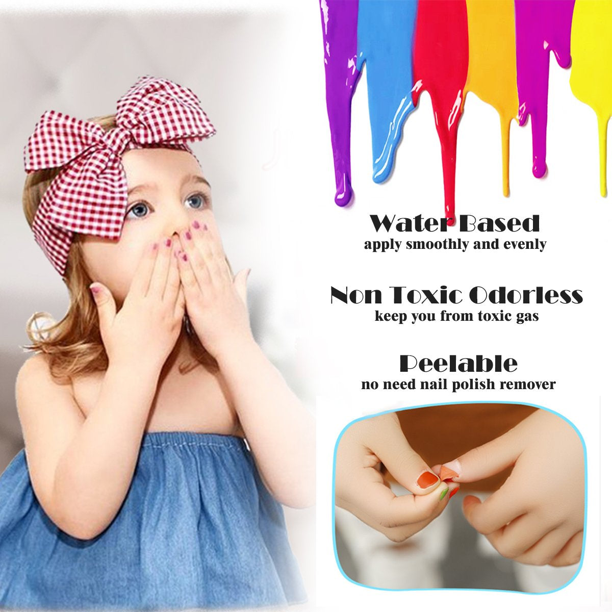 Kids Nail Polish Set- Non-Toxic Water-Based Odorless Peel off Natural Safe Nail Polish Set Quick Dry Nail Polish Gifts Toys Kit for Girls Kids Toddlers (7 Color + 1 Top&Base Coat)