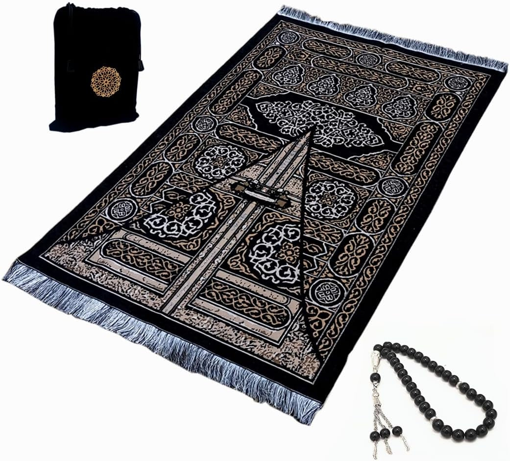 SHUKRAN Prayer Rug Muslim Prayer Mat with Bag & Prayer Beads for Kids Men Women - Soft Thin Prayer Matt Islam for Eid Travel Ramadan Perfect Islamic Gifts Chenille Fabric