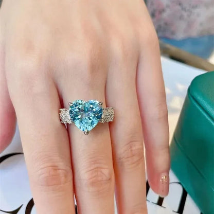 Exquisite Silver-Plated Natural Sapphire Ring Luxury Fashion Square Diamond Embellished Heart Shaped Gemstone Ring Wedding Anniversary Romantic Anniversary Gift Handmade Jewelry Index Finger Ring