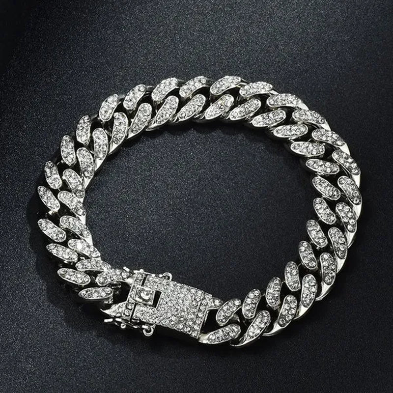 Hip Hop Iced Out Paved Rhinestones 13MM Full Miami Curb Cuban Chain CZ Bling Rapper Necklaces Bracelet Watch for Men Jewelry Set