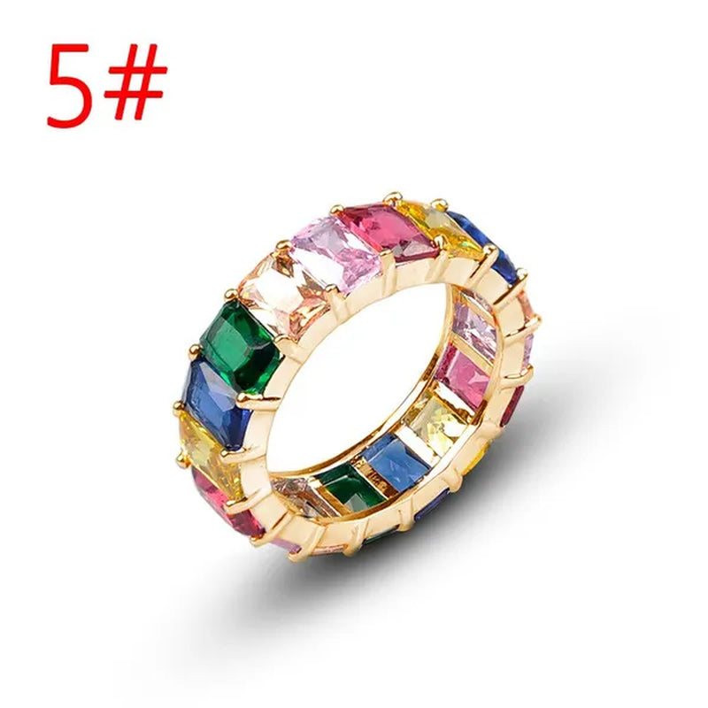 Silver Ring Colored Square Rainbow Ring Statement Crown Ring Natural Gemstones Ring Wedding Bride Engagement Band Charm Party Ring Jewelry