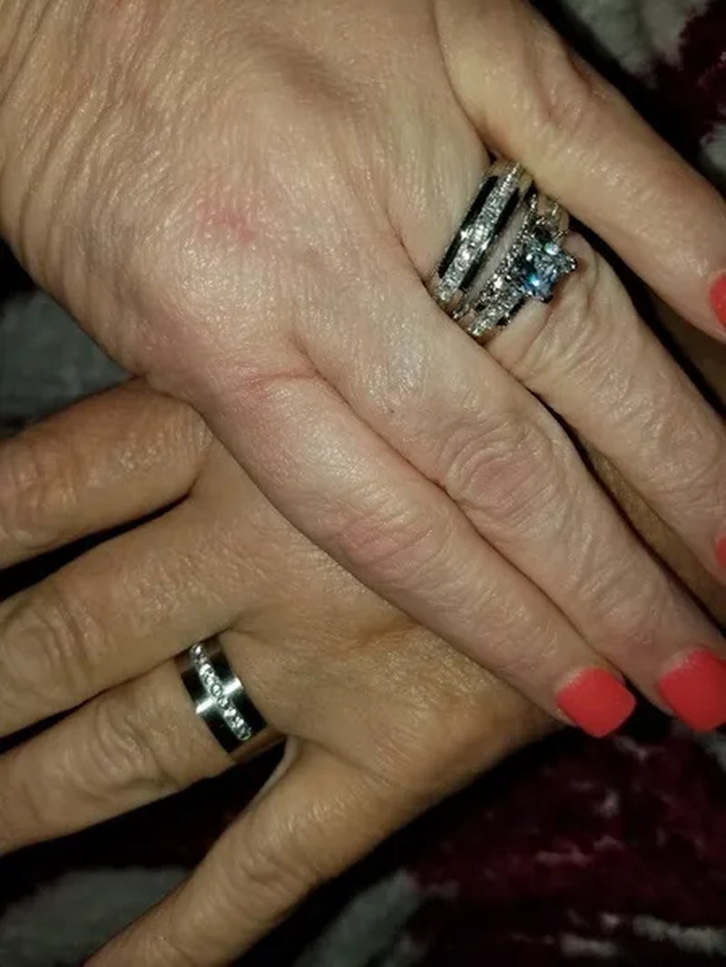 YOHAPP NEW Fashion Couple Rings Set Jewelry - Men's 8mm 316L Stainless Steel Titanium Ring and Women's Three Stone Princess Cut 1CT Diamond   Silver  Bridal Wedding Engagement Band Ring