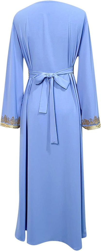 Women'S Chiffon Kaftan Abaya Dress Muslim Long Sleeve Self Tie Flowy Maxi Dress Abaya Casual Dress Dubai Outfits