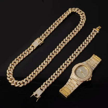 Men's Hip Hop Fashion Luxury 18K Gold and 925 Silver Ice-wound Hip Hop Diamond Watch Miami Cuban Bracelet and Ladies Watch Silver Diamond Bracelet Men and Women Hip Hop Party Jewelry