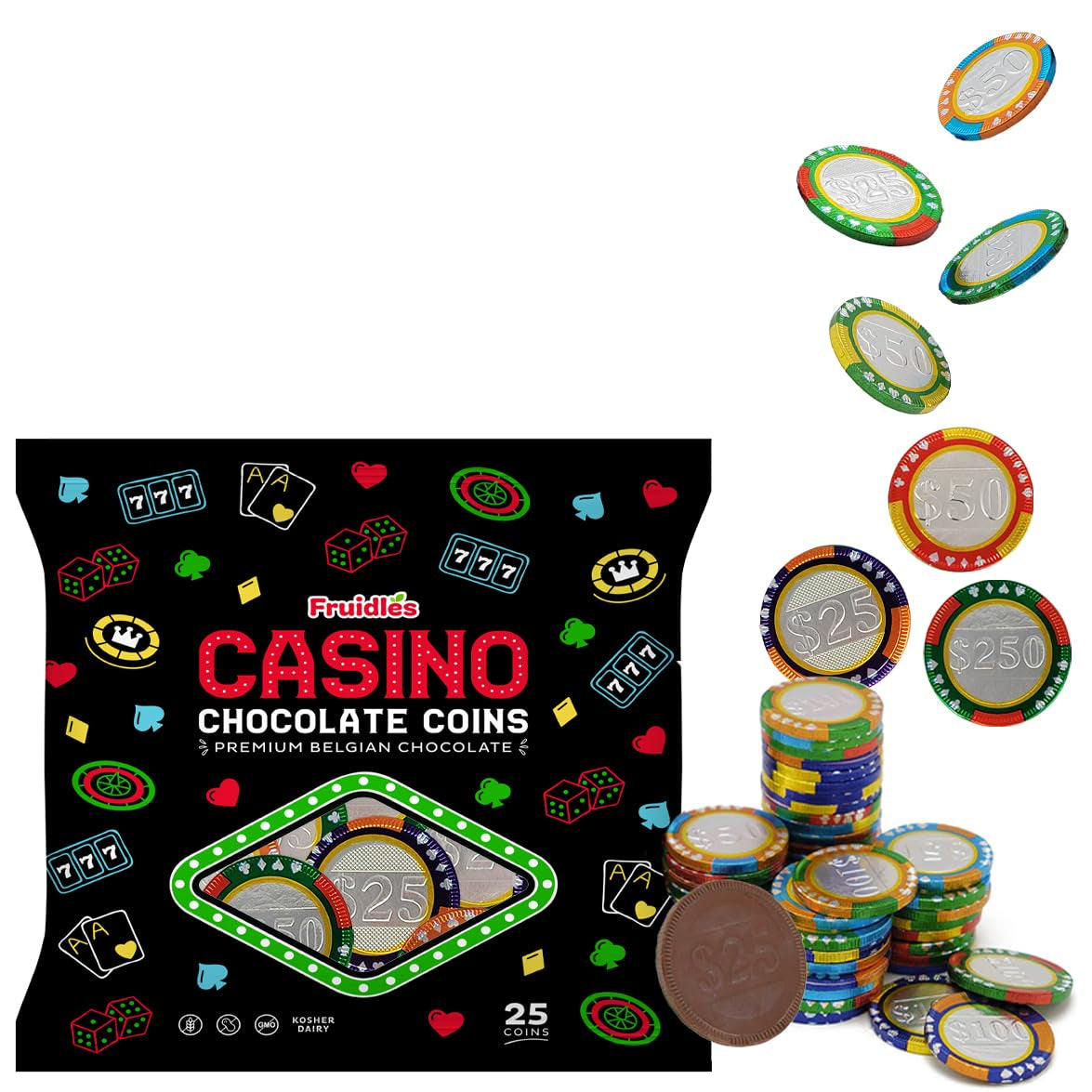 Casino Poker Chips, Belgian Milk Chocolate Coins, Kosher Certified Dairy, Non GMO (Pack of 25)