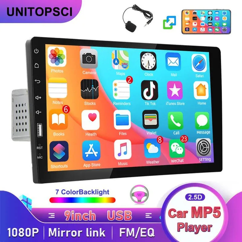 UNITOPSCI Single 1Din 9Inch Car MP5 Player Car Stereo Radio 2.5D HD 1080P Touch Screen Bluetooth Autoradio Support Mirror Link FM AUX Function with External Microphone