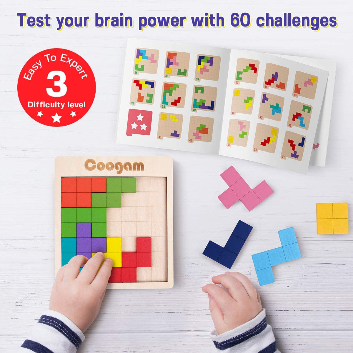 Wooden Puzzle Pattern Blocks Brain Teasers Game with 60 Challenges, 3D Russian Building Toy Wood Tangram Shape Jigsaw Puzzles Montessori STEM Educational Toys Gift for Kids Adults