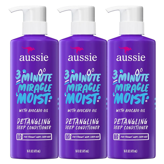 3 Minute Miracle Moist Deep Conditioner for Dry Hair, Avocado & Jojoba Oil, Safe for Color Treated Hair, Nourishing Hydration, Silky Shine, Paraben-Free, 16 Fl Oz Each, Triple Pack