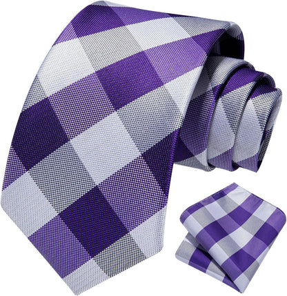 Ties for Men Plaid Checkered Tie with Pocket Square Woven Business Formal Necktie Handkerchief Set Wedding Party