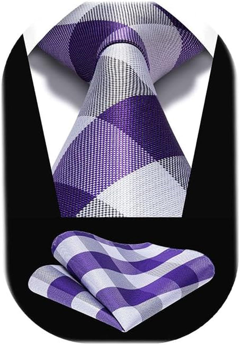 Ties for Men Plaid Checkered Tie with Pocket Square Woven Business Formal Necktie Handkerchief Set Wedding Party