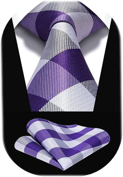 Ties for Men Plaid Checkered Tie with Pocket Square Woven Business Formal Necktie Handkerchief Set Wedding Party
