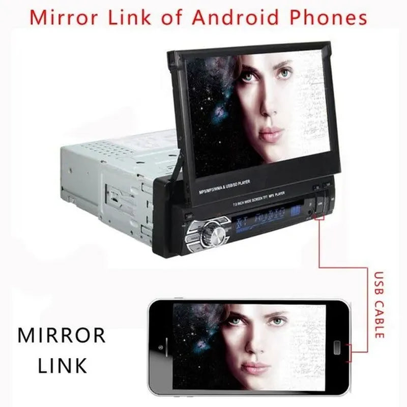 1DIN 7" HD Retractable Touch Screen Car Stereo Audio Bluetooth Car Radio Support Bluetooth/Usb/Aux/Fm/Am Mirrorlink+ SWC+ Rearview Camera (Optional)